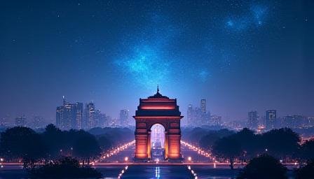 Panoramic view of New Delhi skyline with subtle nebula overlay