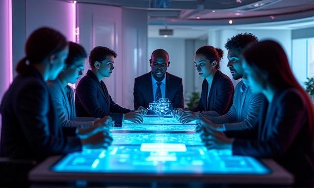 Team of professionals in a high-tech workshop environment