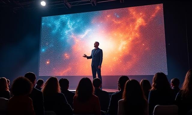 Motivational speaker on a stage with astronomical projections behind them